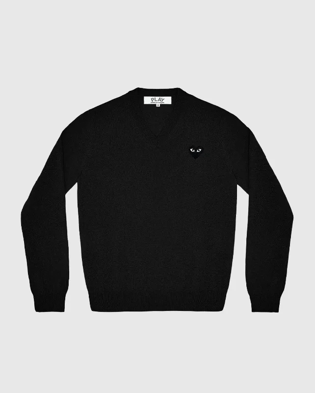 N018 BLACK HEART V-NECK SWEATER / BLACK Chenille Fabric Brocade Fabric Lace Fabric