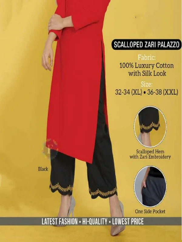 Black Cotton Palazzo Pants with Zari Embroidery High-Waist Trousers