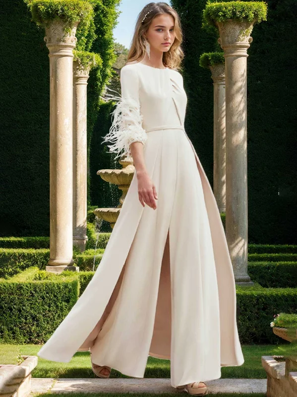 Chiffon Jewel Neck Half Sleeves Ankle-Length Mother Of The Bride Pantsuits With Feathers Chic Capri Pants