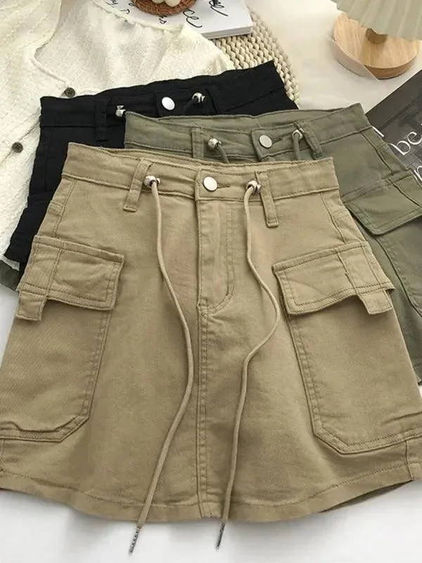 Women's Drawstring Denim Fly Cargo Skirt casual skirt length