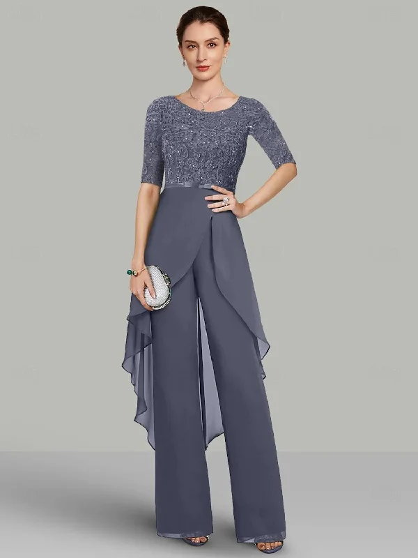 Chiffon 2 Pieces Jewel Neck Half Sleeves Floor-Length Mother of the Bride Pantsuits with Lace & Ruffles Comfortable Fleece Pants
