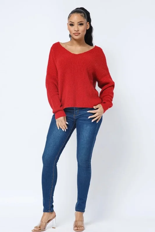 Rust Red Twist Open Back Loose Fit V Neck Long Sleeve Cozy Sweater Available in Sizes M-XL Mesh Sweater Canvas Denim