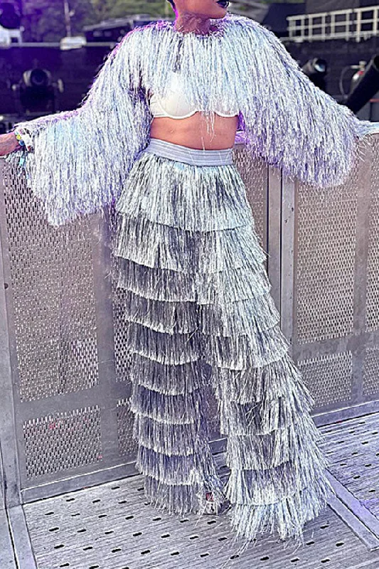 storexq Solid Color Dramatic Tassel Pant Suit Trendy Wide-Legged Trousers