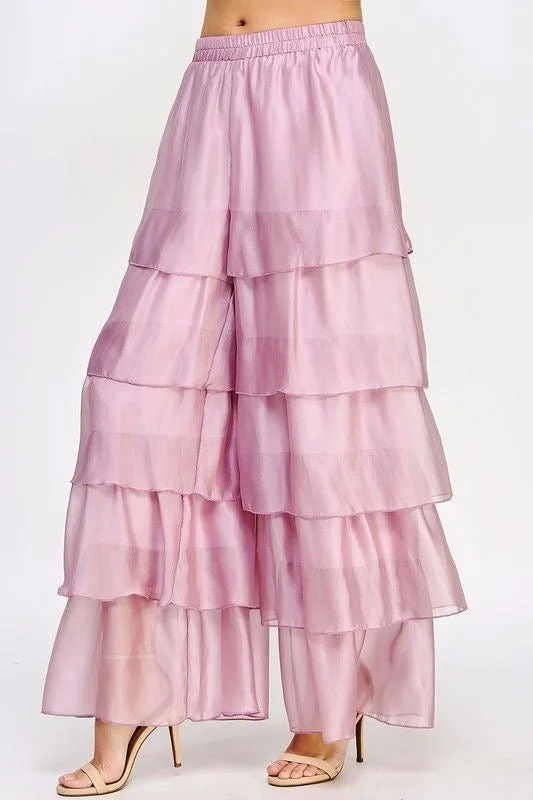 Tiered Organza Wide Leg Pants High-Waist Yoga Pants