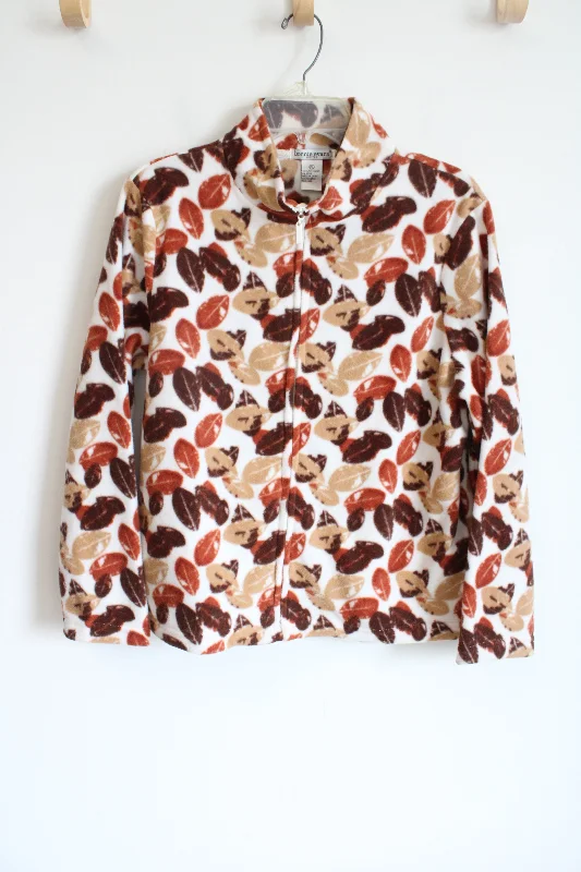 Bonnie Evans Brown Leaf Patterned Fleece Jacket | L Petite Snapped Jacket Toggled Jacket Drawstring Jacket Bonnie Evans Brown Leaf Patterned Fleece Jacket | L Petite Snapped Jacket Toggled Jacket Drawstring Jacket