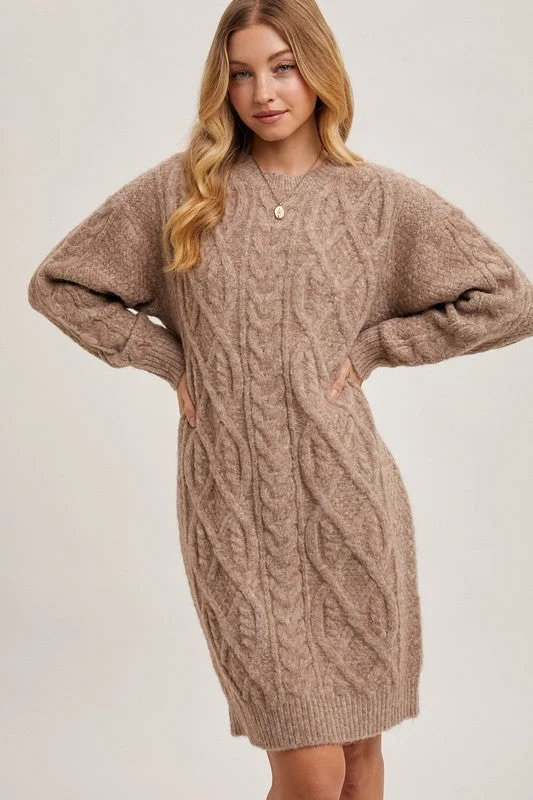 Tiffany Cable Knit Sweater Dress - Latte Welt Pockets Slit Pockets Flap Pockets