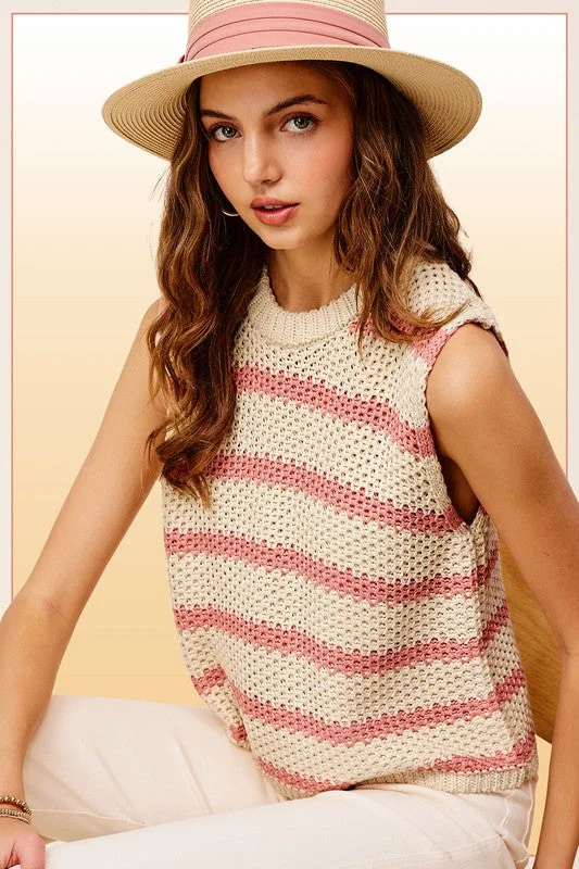Chunky Stripe Sleeveless Sweater Top Lace Blend Ribbed Blend Corduroy Blend