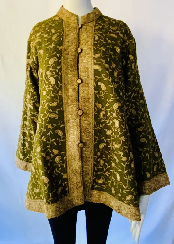 Hand Embroidered Short Jacket -  Olive Green Wool Fabric Cashmere Fabric Tweed Fabric