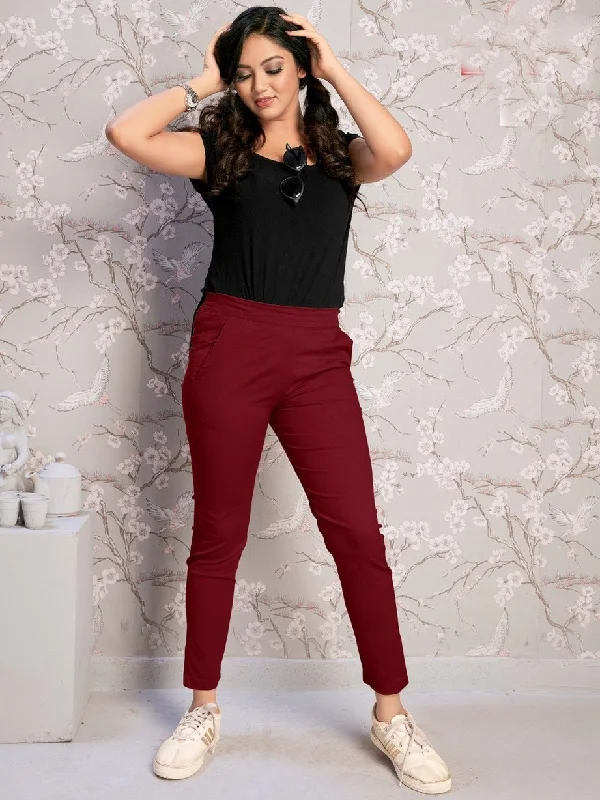 Maroon Cotton Spandex Lycra Pants Comfy Zip-Up Pants
