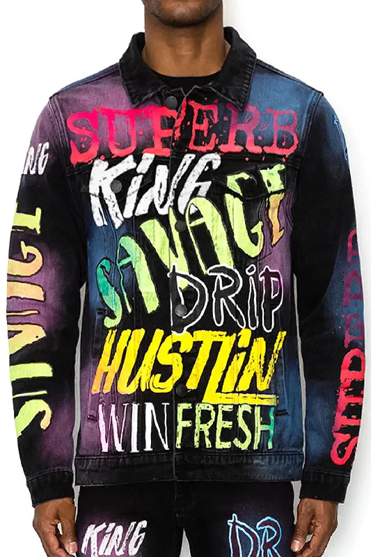 Air Brushed Graffiti Denim Jacket Fleece Fabric Down Fabric Feather Fabric