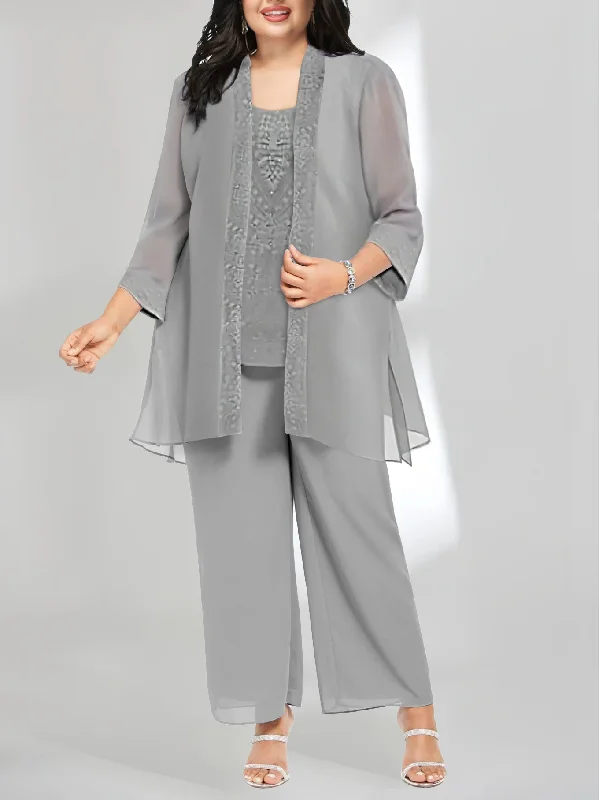 Chiffon Scoop Ankle-Length Plus Size Mother of the Bride Pantsuits with Jacket High-Waist Yoga Pants