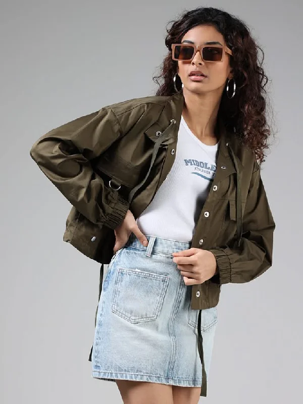 Nuon Solid Olive Green Snap-Buttoned Jacket Oversized Jacket Tailored Jacket Straight Jacket Nuon Solid Olive Green Snap-Buttoned Jacket Oversized Jacket Tailored Jacket Straight Jacket