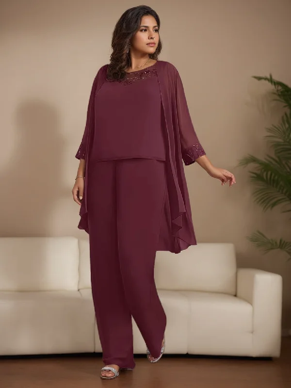 Chiffon 3 Pieces Scoop Neck 3/4 Length Sleeves Floor-Length Plus Size Mother Of The Bride Pantsuits With Jacket, Lace, Beaded & Sequins Slim-Fit Khaki Pants