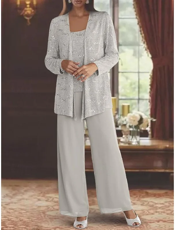 Chiffon Mother of the Bride Pantsuits with Jacket & Sequins Elegant Wool Trousers