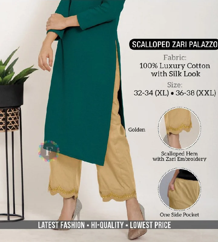 Beige Cotton Palazzo Pants with Zari Embroidery Comfortable Denim Pants