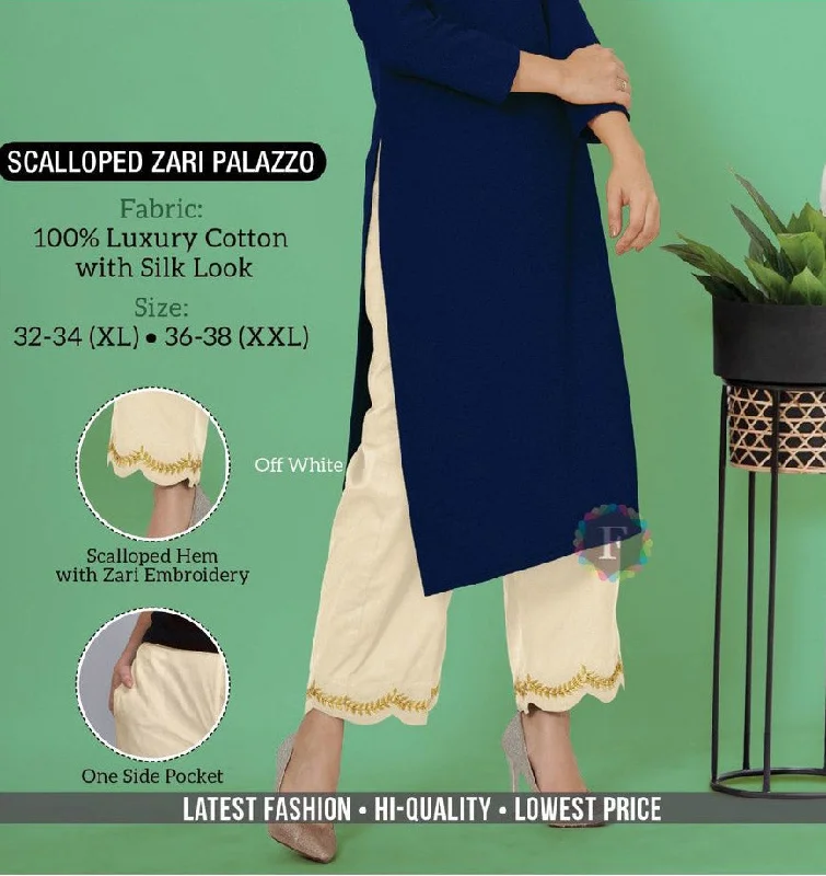 Off- White Cotton Palazzo Pants with Zari Embroidery Elegant Dress Pants