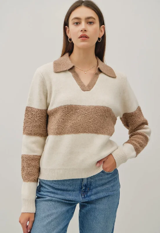 Striped Fuzzy Collared Sweater Fitted Loose Oversized