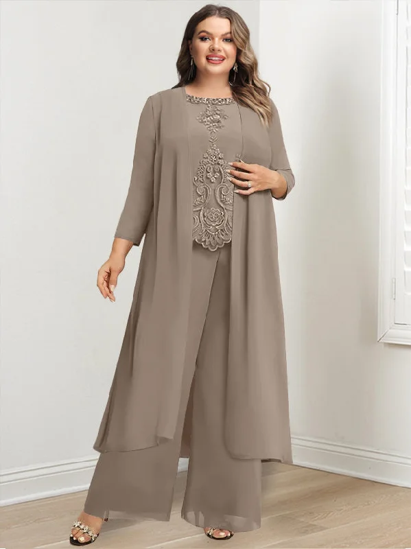 Chiffon Round Neck Floor-Length Plus Size Mother Of The Bride Pantsuits With Jacket & Applique Casual Drawstring Pants