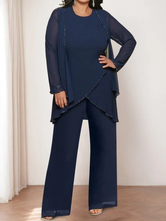 Chiffon Round Neck Mother of the Bride Pantsuits with Jacket Cozy Knit Pants