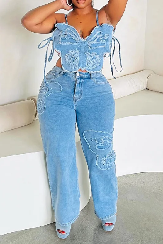 storexq Blue Butterfly Flattering Lace-Up Denim Pant Suit Classic Cropped Pants