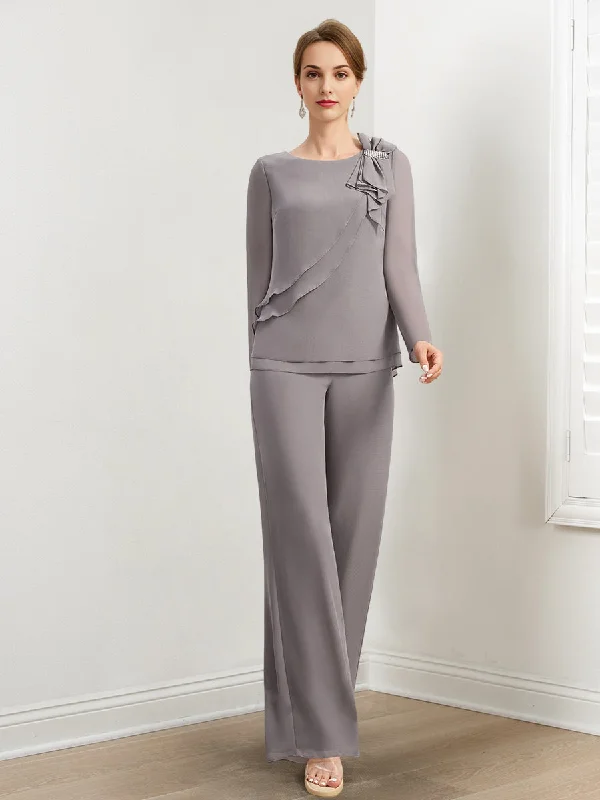 Chiffon Mother of the Bride Pantsuits with Beading & Ruffles Fashionable Track Pants