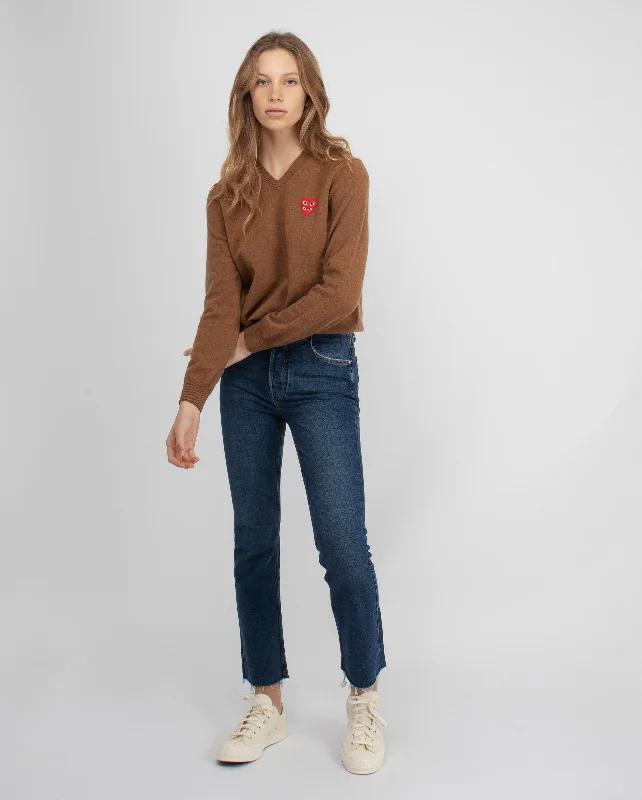 N073 DOUBLE RED HEART V-NECK SWEATER / BROWN Satin Fabric Silk Fabric Chiffon Fabric