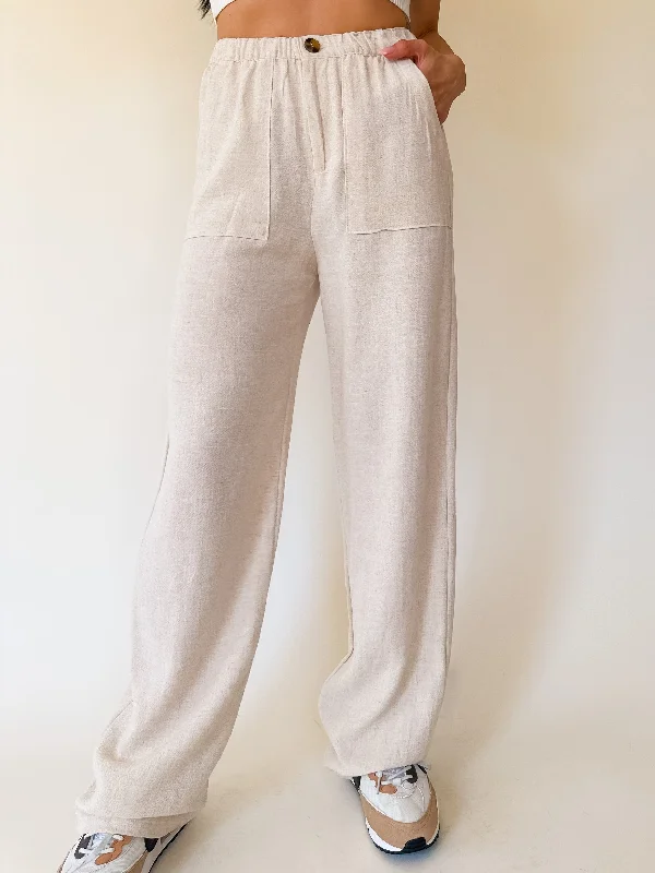 Button Linen Pants - Oat Soft Sweatpants Style