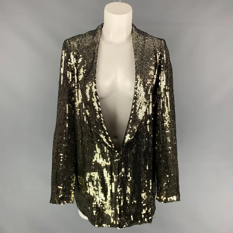 ALICE + OLIVIA Size M Gold Viscose Shawl Collar Jacket Blazer Herringbone Jacket Checkered Jacket Solid Jacket ALICE + OLIVIA Size M Gold Viscose Shawl Collar Jacket Blazer Herringbone Jacket Checkered Jacket Solid Jacket