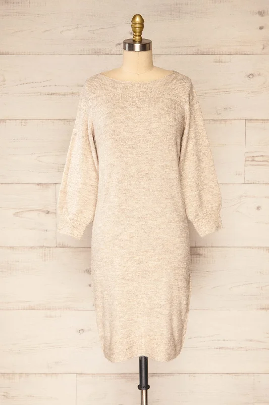 Titai Sand | 3/4 Puffy Sleeve Short Sweater Dress Turtle Neck Boat Neck Asymmetrical Neck