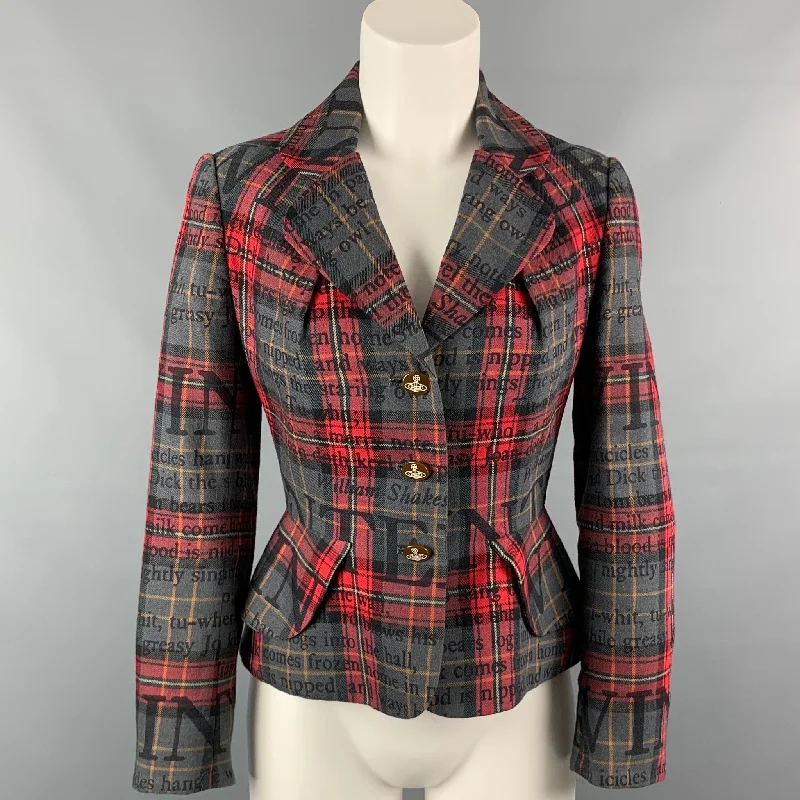 VIVIENNE WESTWOOD RED LABEL Size 2 Grey & Red Print Plaid Jacket Faux Fur Jacket Real Fur Jacket Shearling Jacket