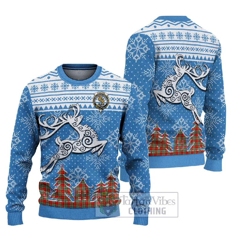 Chattan Clan Christmas Ugly Sweater Celtic Reindeer Style Striped Floral Plaid