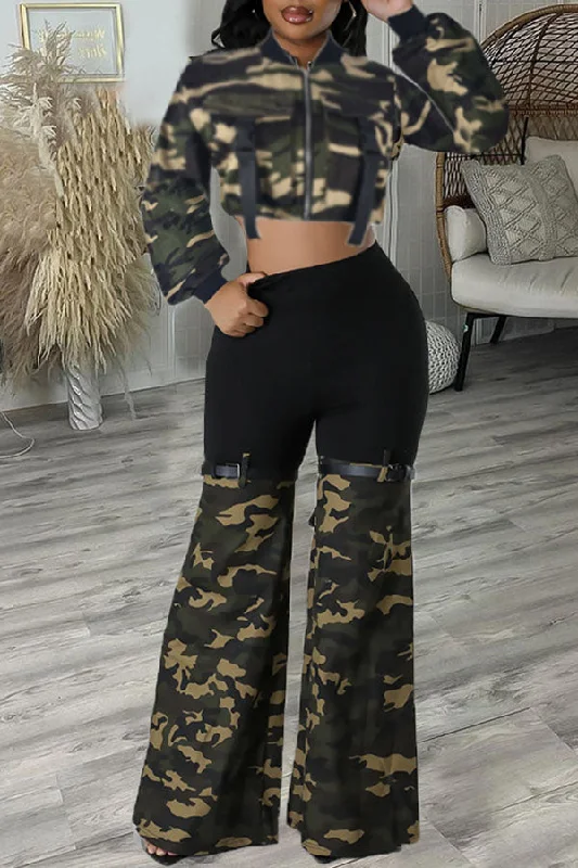 storexq Camouflage Stylish Buckled Pocket Belt Decor Pant Suit Soft Sweatpants Style