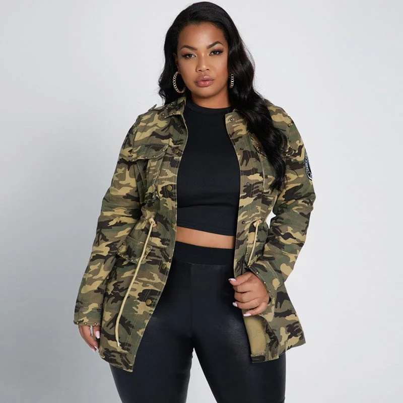 Rivet patch multi-bag drawstring cool camouflage tooling casual baseball uniform jacket plus size women's jacket ecowalson Herringbone Jacket Checkered Jacket Solid Jacket