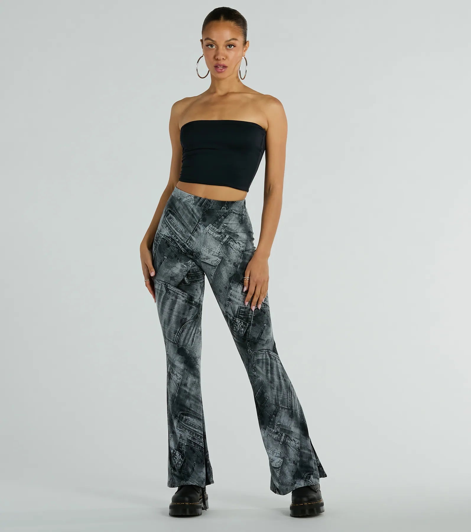 Got The Blues High Rise Denim Print Flare Pants Stylish Slim Trousers