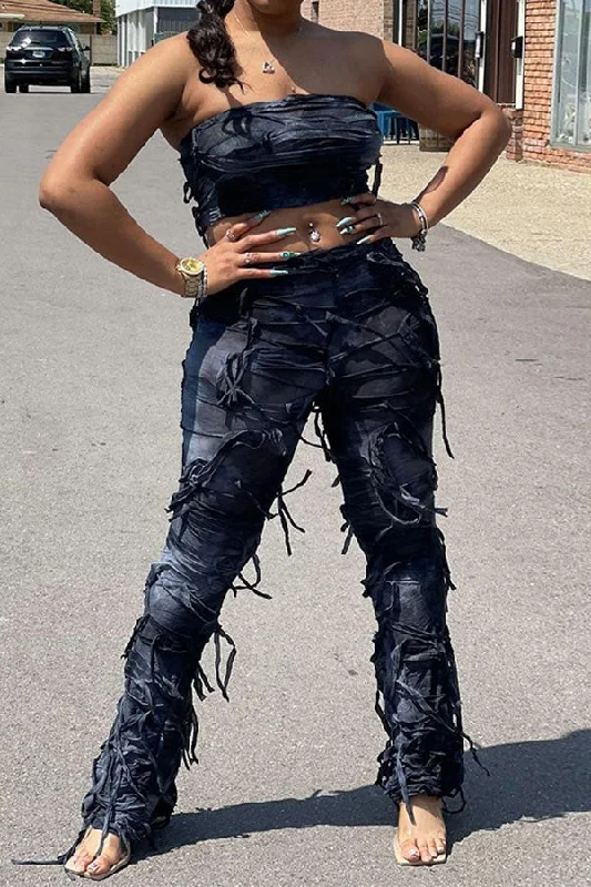 storexq Tie Dye Cool Patchwork Tassel Pant Suit Cozy Full-Length Pants