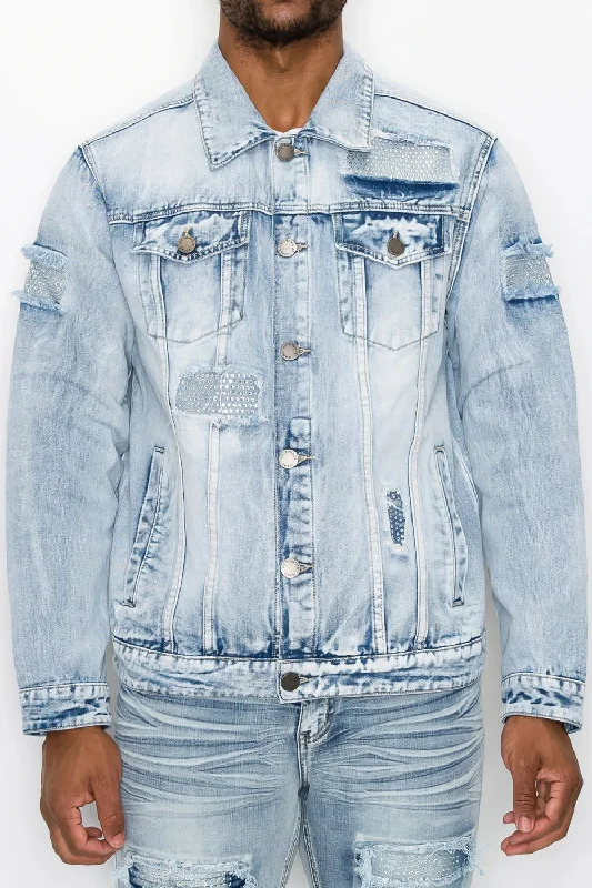 Faded Diamond Denim Jacket Welt Pockets Slit Pockets Flap Pockets