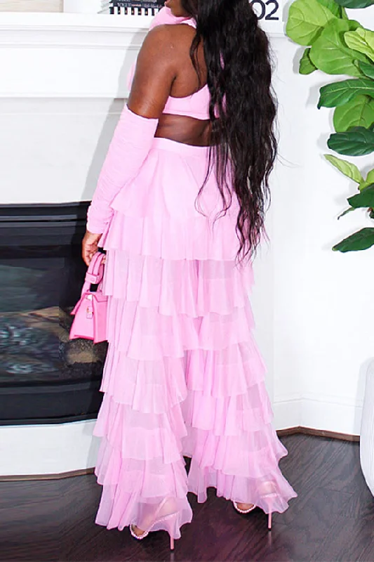 storexq Solid Color Cross Halter Flirty Tiered Pant Suit Cozy Knit Pants