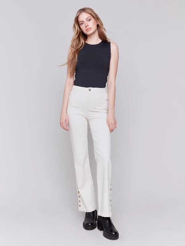 SIDE BUTTON FLARE LEG PANTS - NATURAL Fashionable Button-Up Pants