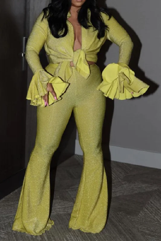 storexq Solid Color Hyperbolic Trumpet Sleeve Pant Suit Classic Cropped Pants