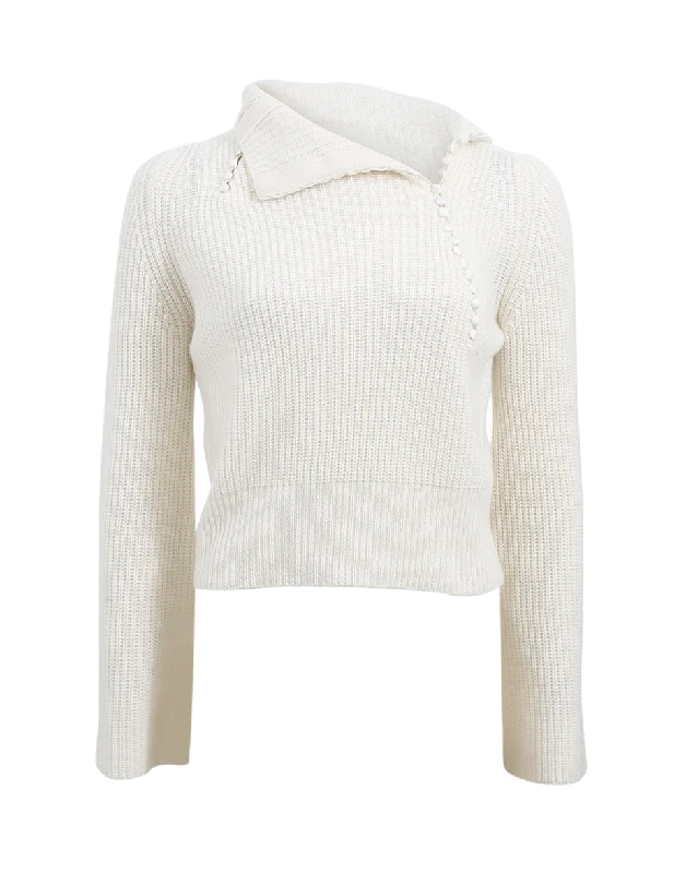 Asymmetrical Button Sweater Houndstooth Herringbone Solid