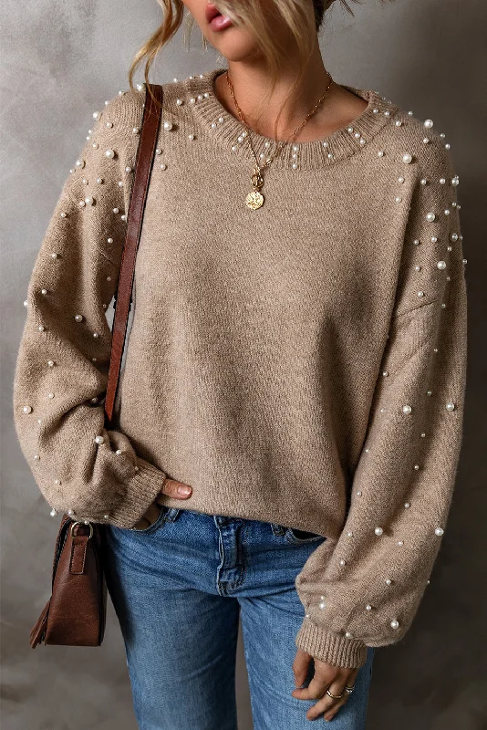 Smoke Gray Pearl Drop Shoulder Round Neck Sweater Transparent Opaque Sheer
