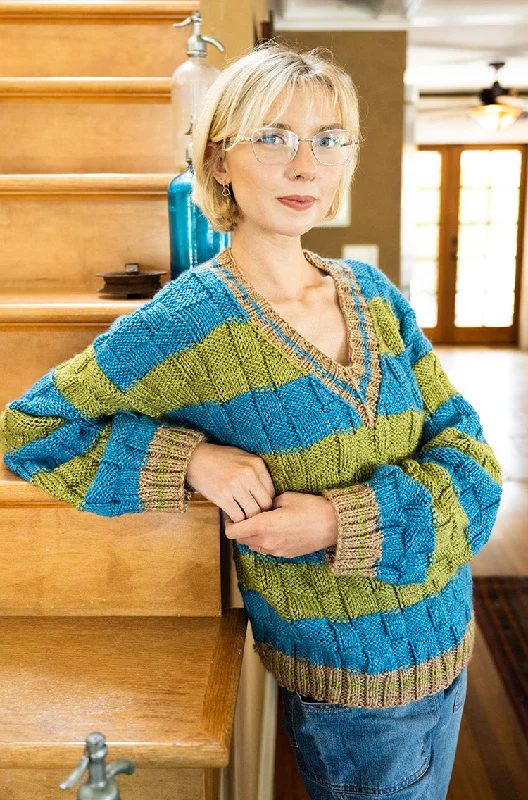 Basketweave Stripe Sweater (Knit) Turtle Neck Boat Neck Asymmetrical Neck