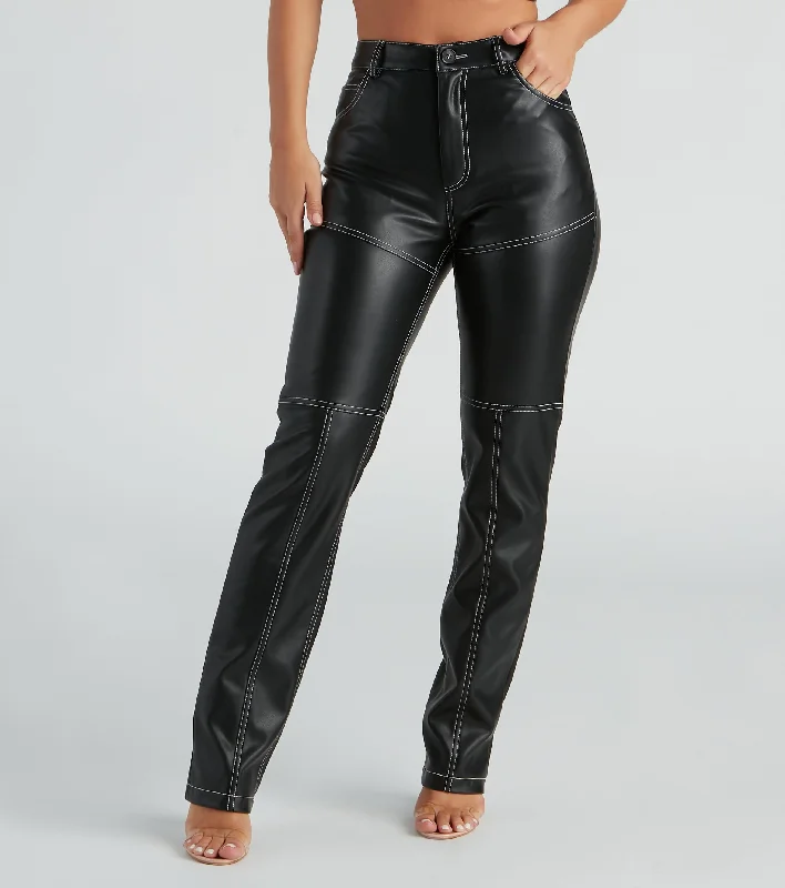 Rock Of Ages Faux Leather Straight-Leg Pants Formal Stretch Pants