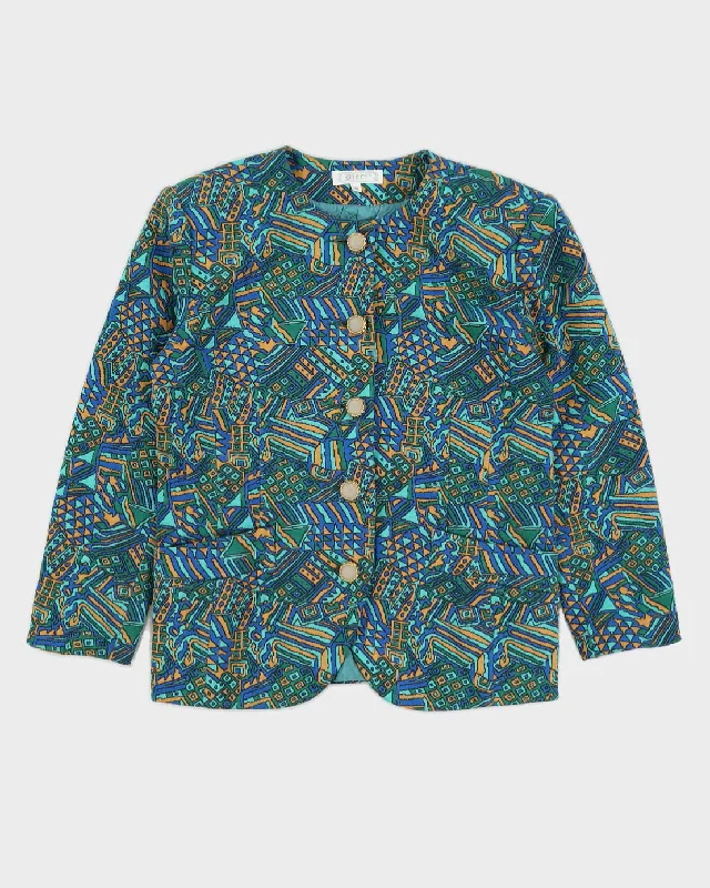 Green And Blue Patterned Blazer Jacket - L Boat Neck Shawl Collar Notched Collar