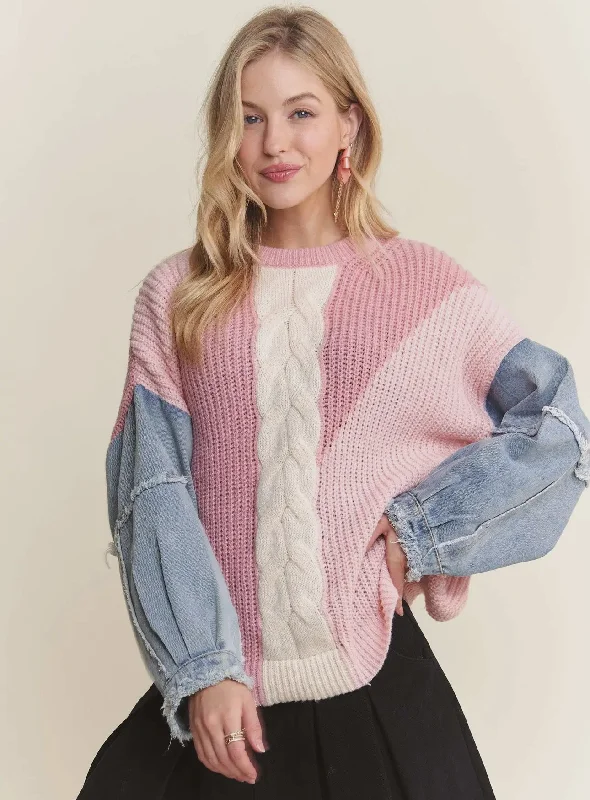 Denim Pink Sweater Toggled Drawstring Belted