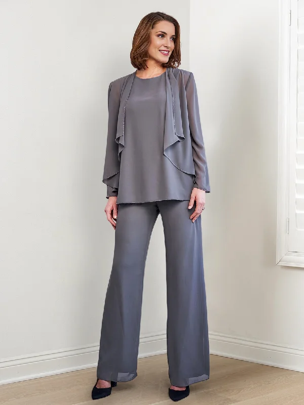 Chiffon Long Sleeves Mother Of The Bride Pantsuits With Jacket Soft Stretch Trousers