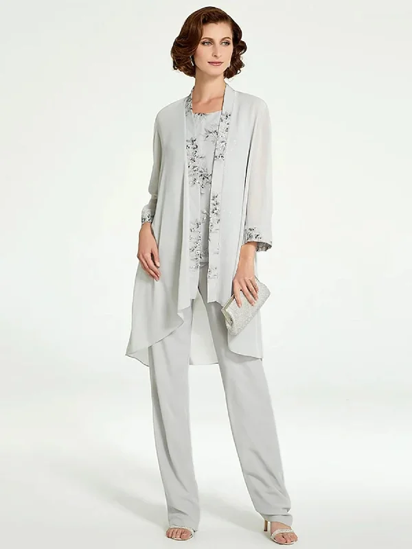 Chiffon Round Neck Floor-Length Mother of the Bride Pantsuits with Jacket Trendy Wide-Leg Pants