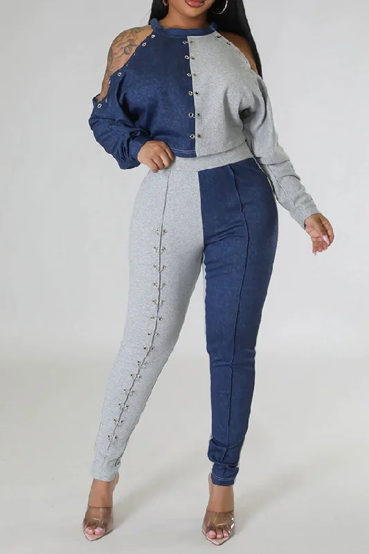 storexq Metal Decor Color Block Stylish Cold Shoulder Pant Suit Comfortable Fleece Pants