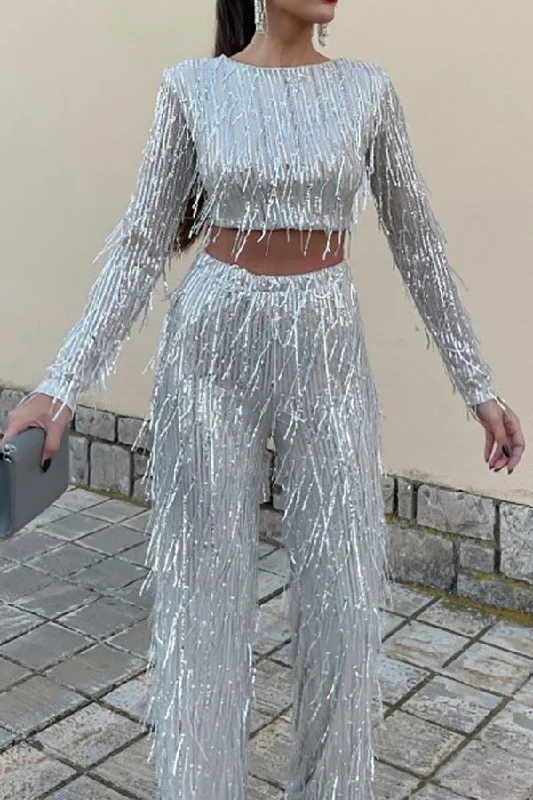 storexq Solid Color Sequined Glittery Tassel Pant Suit Relaxed Lounge Trousers