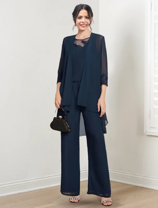 Chiffon Scoop Mother of the Bride Pantsuits with Jacket Cozy Lounge Pants